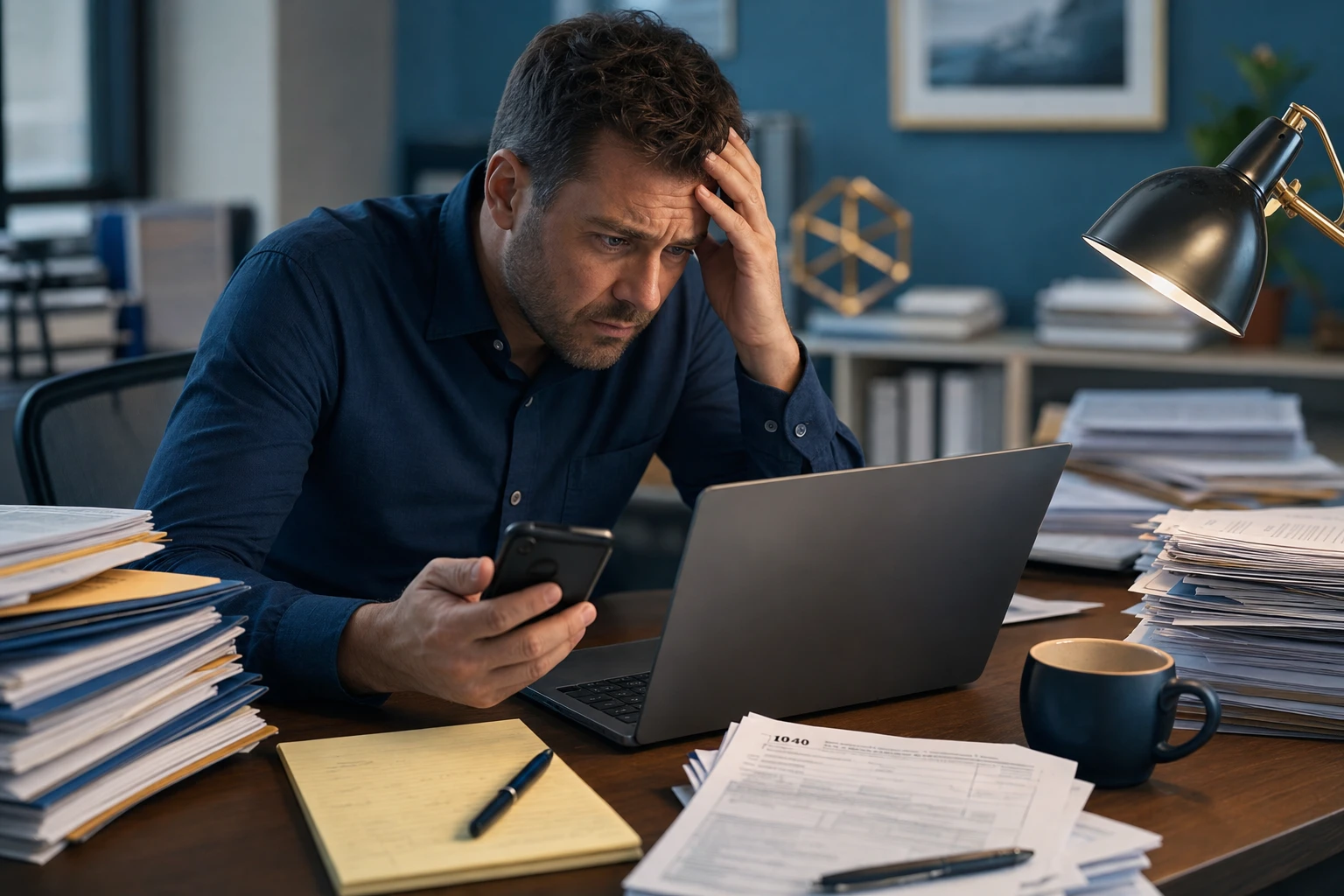 A CPA reviewing emails at a cluttered desk during tax season, with a warning indicator on screen suggesting a suspicious message