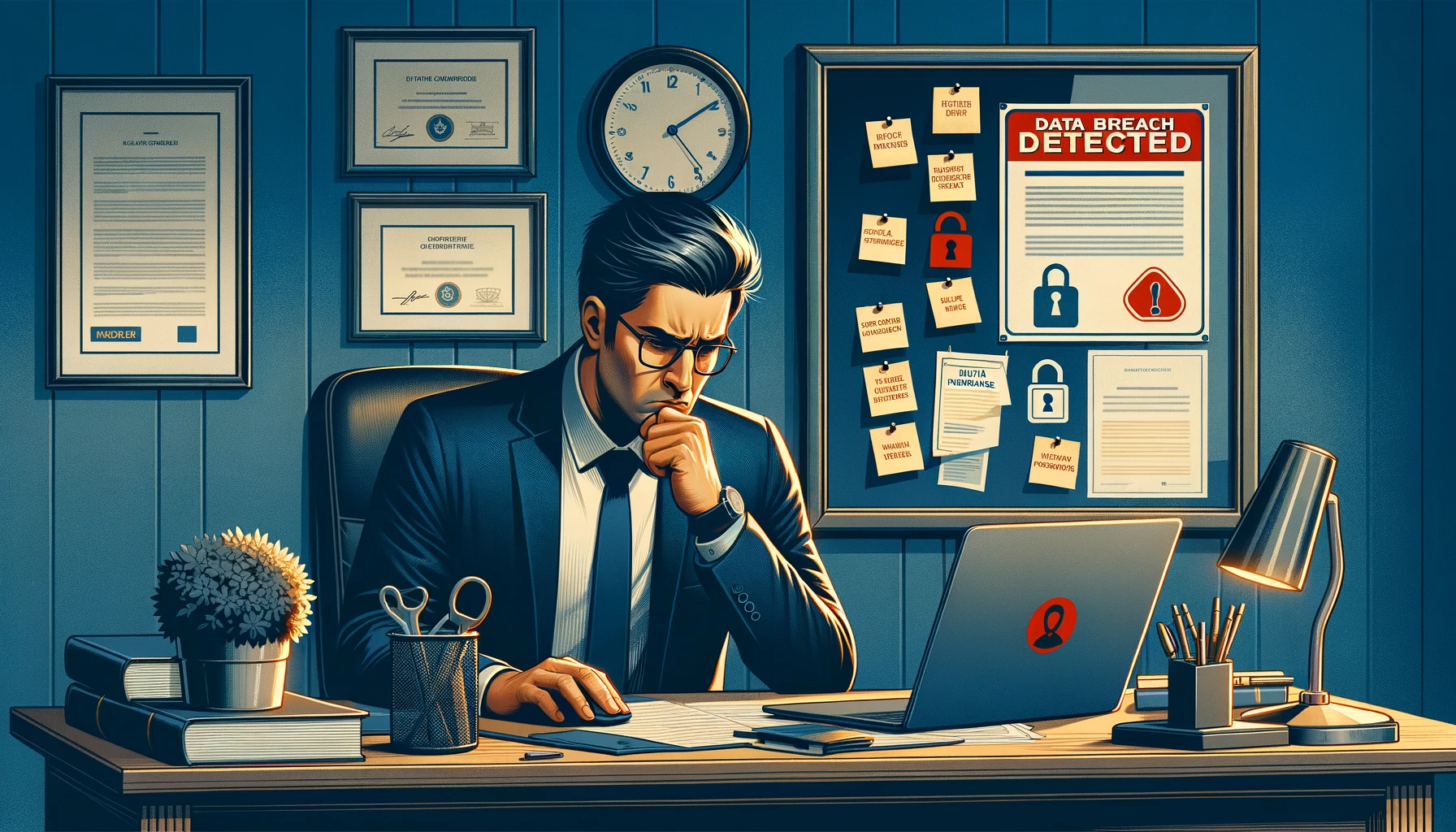 A lawyer reviewing a cybersecurity insurance policy document at a desk with a laptop showing a security alert