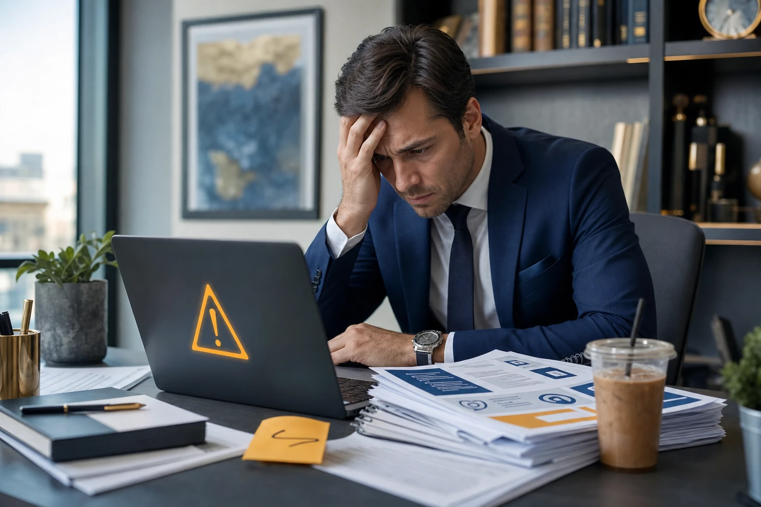 A law firm employee at a desk reviewing a suspicious email on a laptop, representing phishing awareness training in a legal office setting