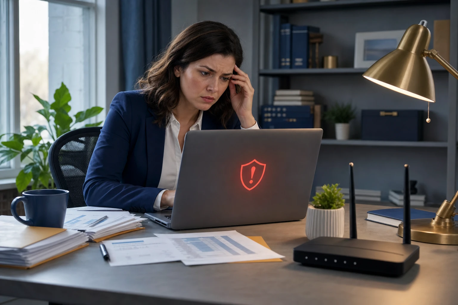 A CPA working remotely on a laptop at a home desk with sensitive client tax documents visible on screen, illustrating remote work security risks for accounting firms