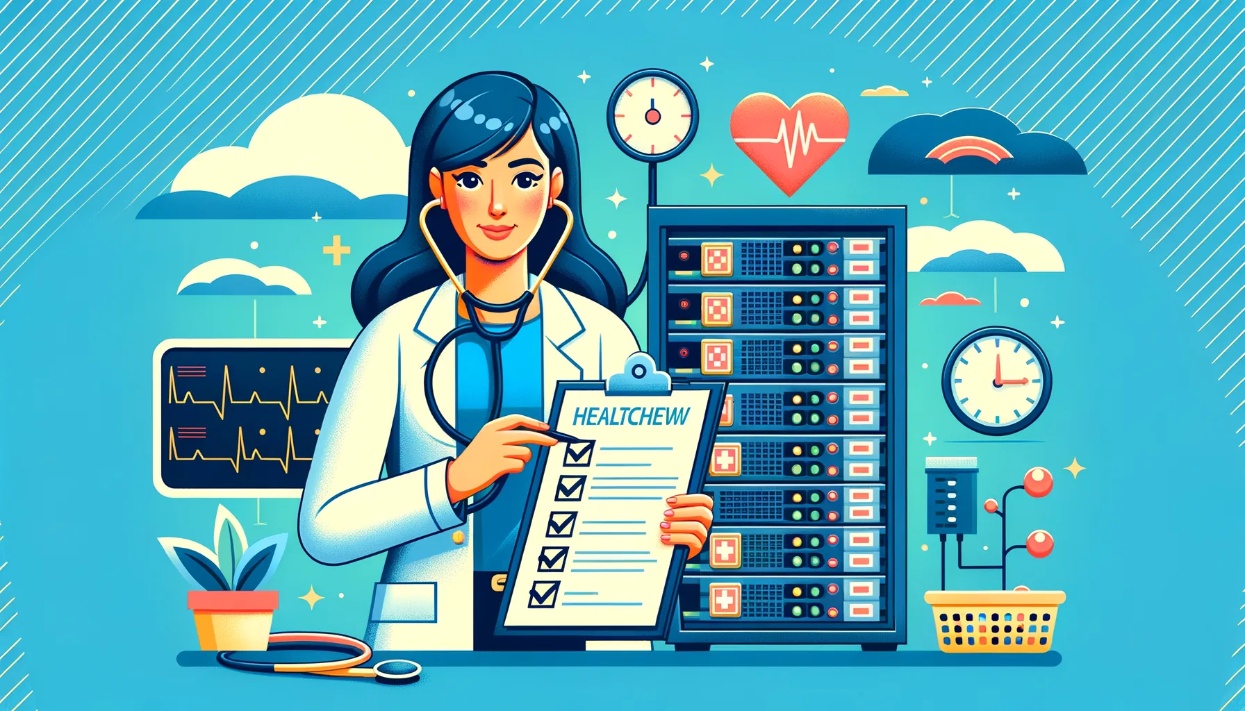 Technician running a diagnostic health check on a network of office computers and servers