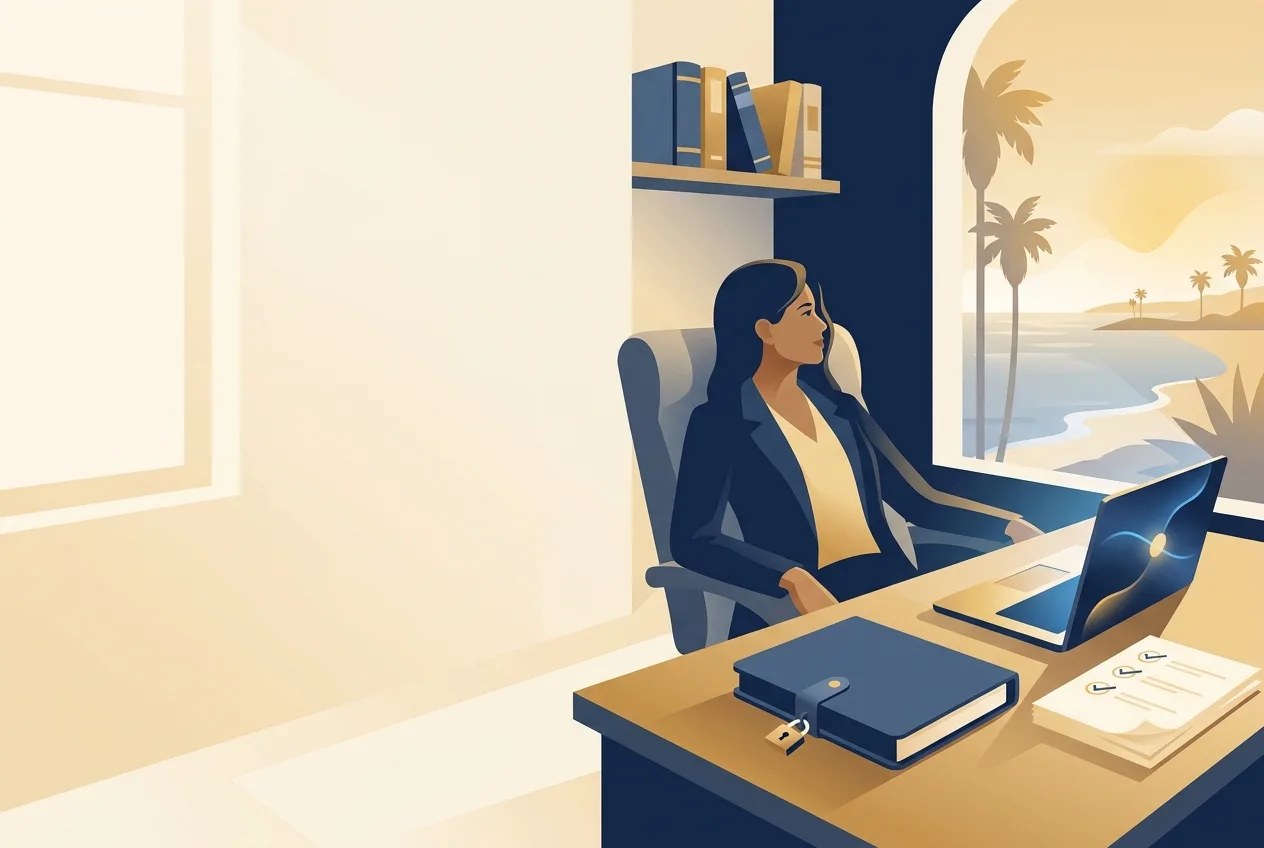 An attorney at her desk by a window overlooking the San Diego coast, a secured case file beside her laptop